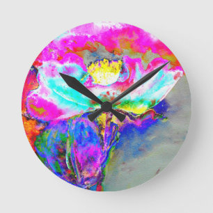 Horloge Ronde Pavot rose, peinture florale à l'aquarelle