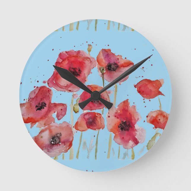 Horloge Ronde Pavot rouge sur des Poppies d'aquarelle bleu (Recto)