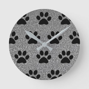 Horloge Ronde Paw Print Patterns Black Silvery Grey Glitter Cute
