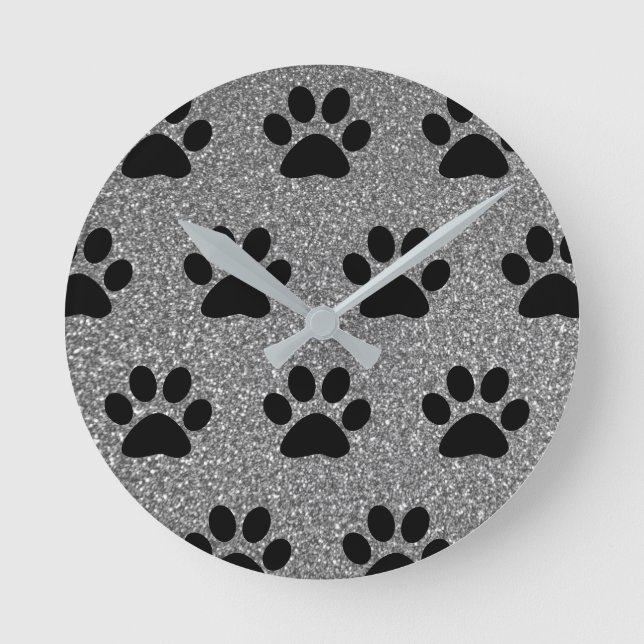 Horloge Ronde Paw Print Patterns Black Silvery Grey Glitter Cute (Recto)