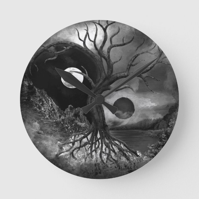 Horloge Ronde Paysage de Yin Yang Tree noir et blanc (Recto)