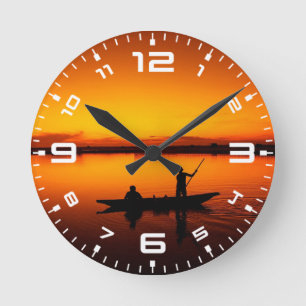 Horloge Ronde Paysage du coucher de soleil avec un bateau-68465