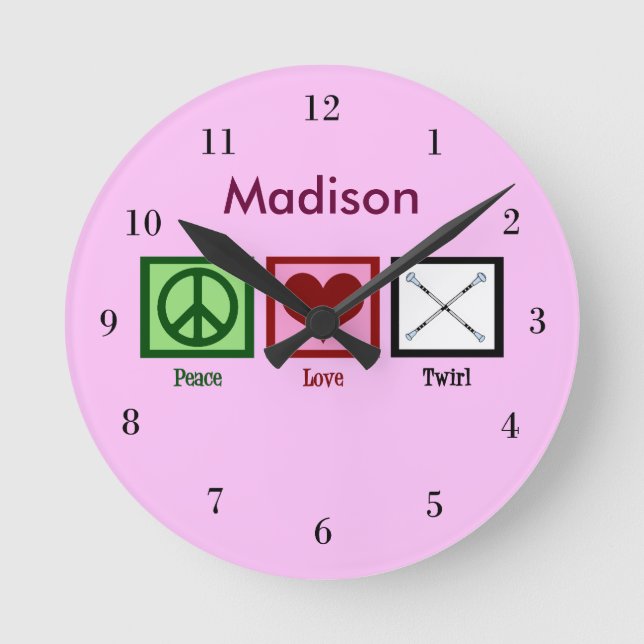 Horloge Ronde Peace Love Baton Twirling Custom Pink (Recto)