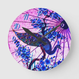 Horloge Ronde Peacock oriental parasol japonais cerisier fleurs