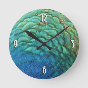 Horloge Ronde Peacock Plumes I Colorful Abstrait Nature Design
