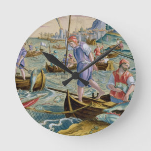 Horloge Ronde Pêche avec des filets et des tridents dans la bai