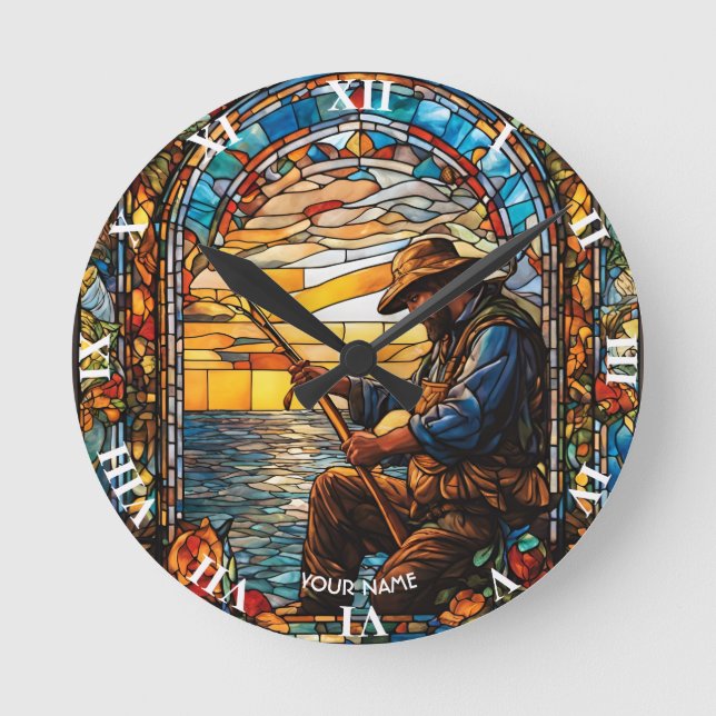 Horloge Ronde Pêche Imaginaire Cute en Verre Tiré Pêcheur (Recto)