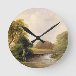 Horloge Ronde Pêche : Jouant un poisson (huile sur la toile)