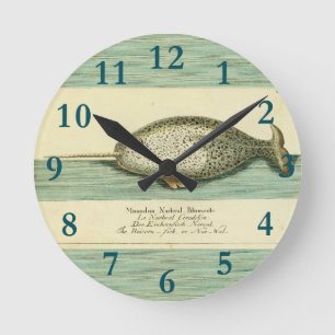 Horloge Ronde Peinture à l'aquarelle de baleine ancienne Narwhal