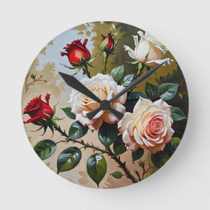 Horloge Ronde Peinture à l'huile rose blanche et rouge