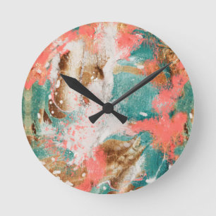 Horloge Ronde Peinture Abstraite moderne Coral Turquoise Or Blan