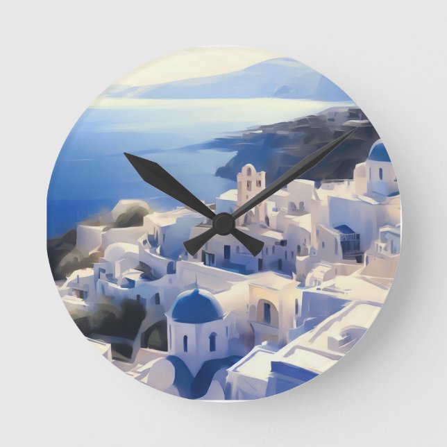 Horloge Ronde Peinture aquarelle de Santorin Grèce (Recto)