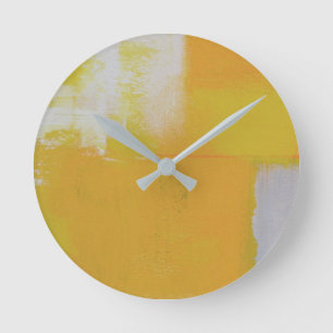 Horloge Ronde peinture blanche jaune grise d'art abstrait