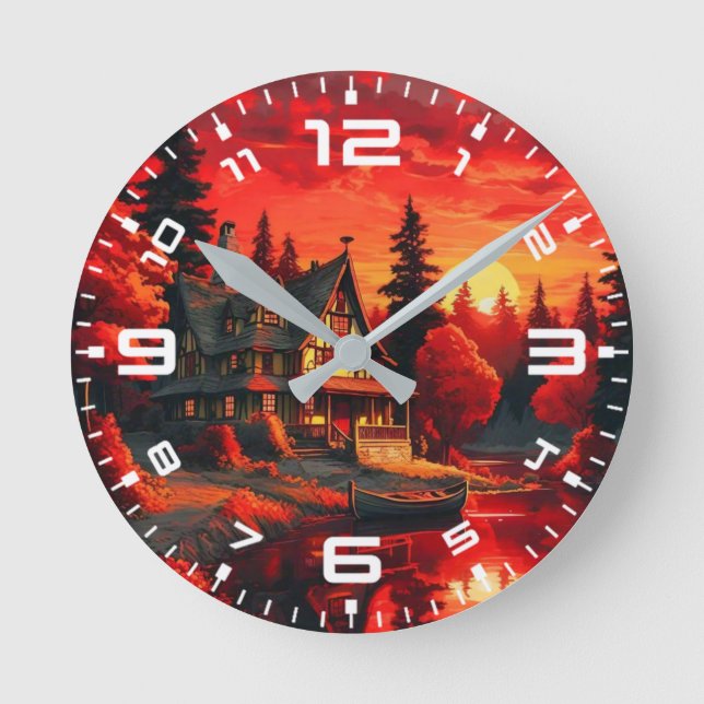 Horloge Ronde Peinture coucher de soleil avec chalet et lac-6663 (Recto)