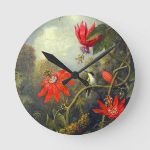 Horloge Ronde Peinture de colibri et de passiflores