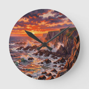 Horloge Ronde Peinture dramatique de falaises au coucher du sole