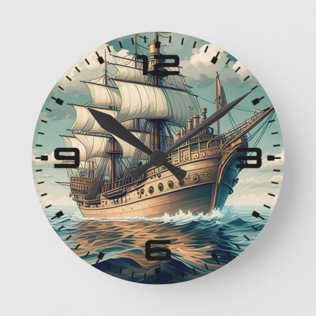 Horloge Ronde Peinture D'Un Navire Avec Les Voiles Vers Le Bas-5 (Recto)
