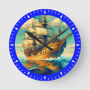 Horloge Ronde Peinture D'Un Navire Avec Les Voiles Vers Le Bas-5