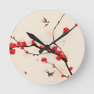 Horloge Ronde Peinture orientale de style, fleur au printemps 3