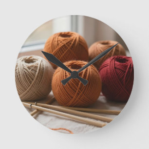 Horloge Ronde Pelotes de Laine Douillettes Tricot Tons d'Automne