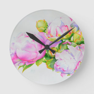 Horloge Ronde Peonis, rose, blanc, aquarelle florale