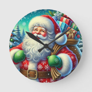 Horloge Ronde Père Noël festif tenant un sac de cadeaux