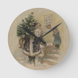 Horloge Ronde Père Noël vintage dans la neige