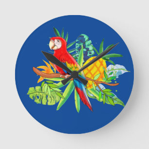 Horloge Ronde perroquet avec bandana plante tropicale