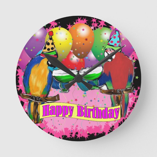 HORLOGE RONDE PERROQUETS D'ANNIVERSAIRE (Recto)