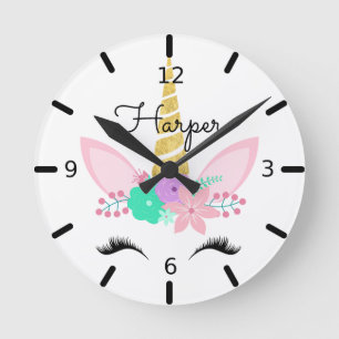 Horloge Ronde Personalized Floral Smiling Unicorn
