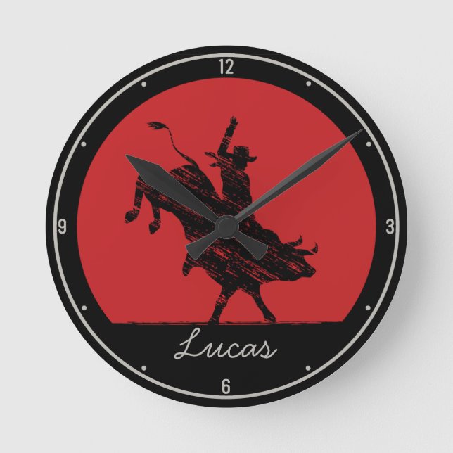 Horloge Ronde PERSONALIZED NAME Western Rodeo Bull Rider Cowboy (Recto)
