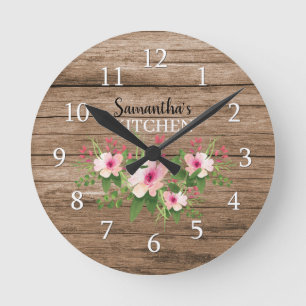 Horloge Ronde Personalized Rustic Wood And Pink Floral Kitchen