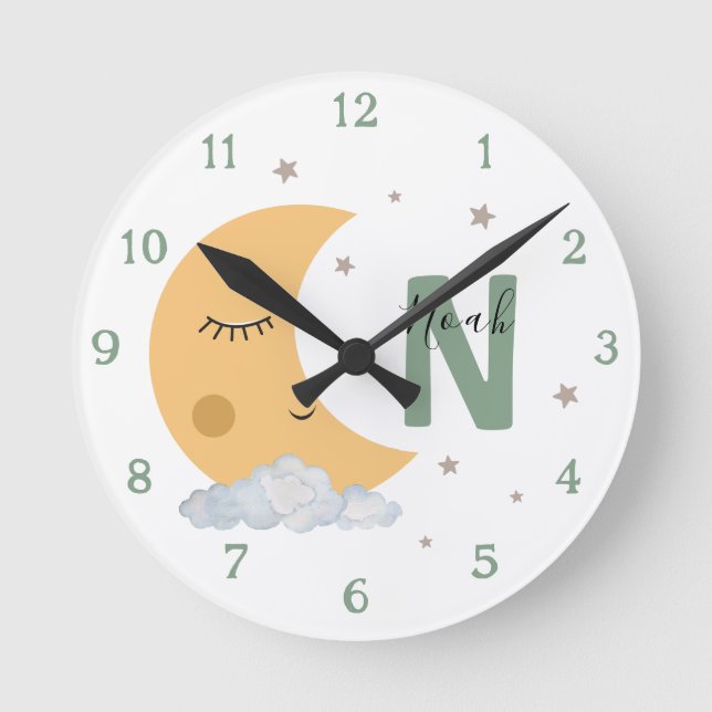 Horloge Ronde Personalized Sage Green Moon Nursery Clock Custom (Recto)