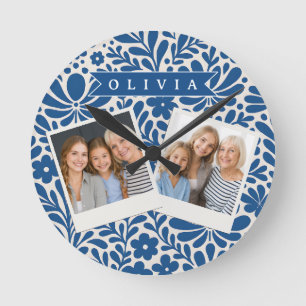 Horloge Ronde Personnalisé Floral Folklorique Bleu Nordique Sur 