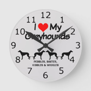 Horloge Ronde PERSONNALISÉ J'Aime Mes Quatre Chiens Greyhound