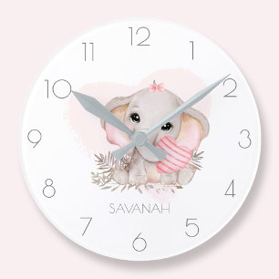 Horloge Ronde Personnalisé mignon éléphant fille rose 24 heures 