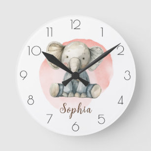 Horloge Ronde Personnaliser l'aquarelle Elephant Nursery Giry Ro