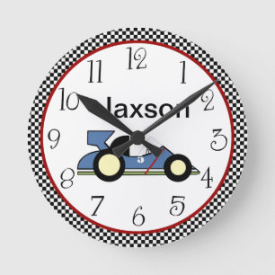 Horloge Ronde Personnalized Checkerboard Race Car #2 Clock