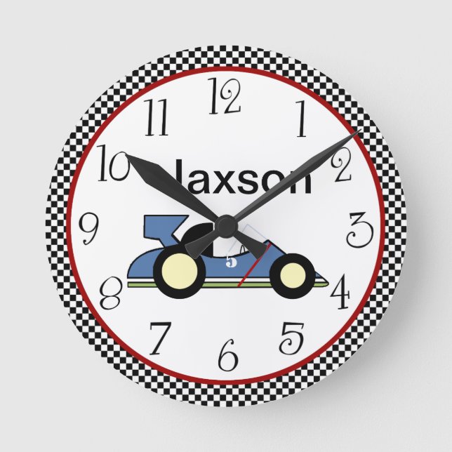 Horloge Ronde Personnalized Checkerboard Race Car #2 Clock (Recto)