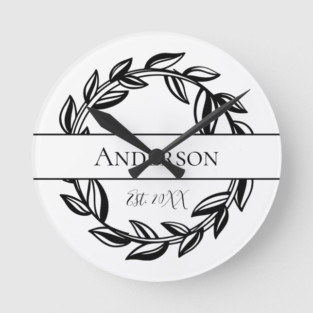 Horloge Ronde Personnalized Family Nom Black White Leaf (Recto)