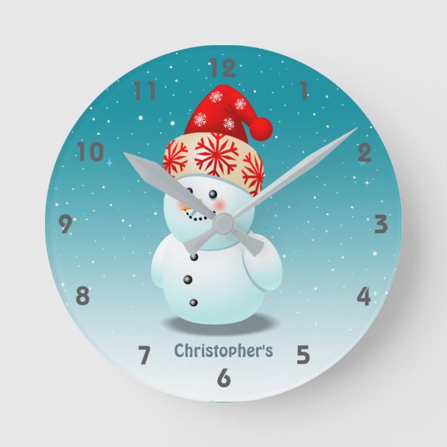 Horloge Ronde Petit Snowman mignon avec Casquette de Noël (Recto)