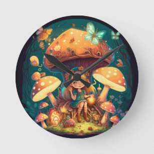Horloge Ronde Petite elve de fille parmi les champignons