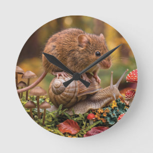 Horloge Ronde Petite Souris Chevauchant un Escargot dans la Forê