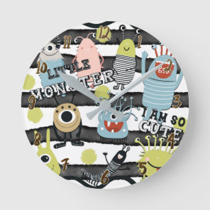 Horloge Ronde Petits Monstres Modernes Chic Rayure Aquarelle