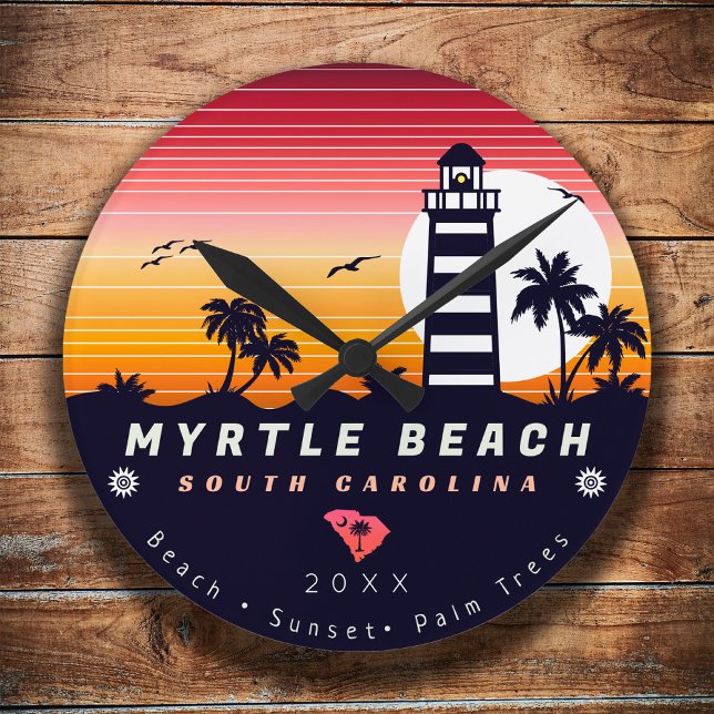 Horloge Ronde Phare de Myrtle Beach SC Retro Sunset Souvenirs (Créateur téléchargé)