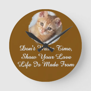 Horloge Ronde Photo. Chat, Texte, remplaçable,