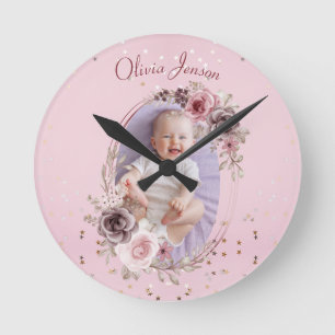 Horloge Ronde Photo de bébé fille Élégant Moderne Fleurs roses m