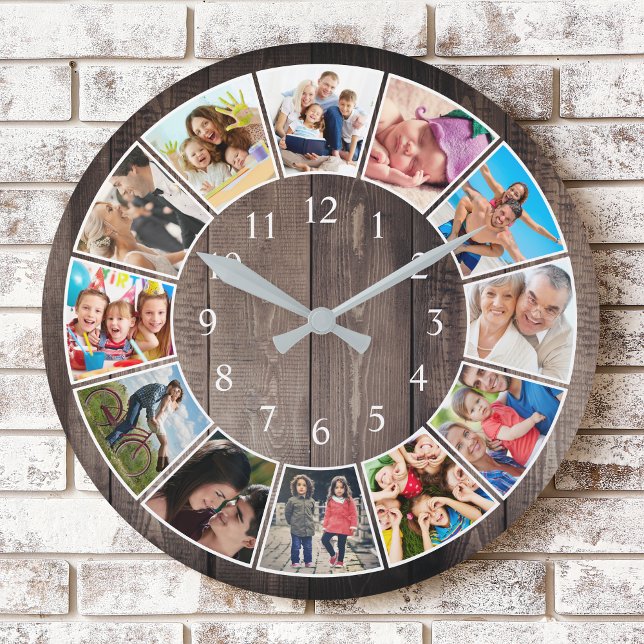 Horloge Ronde Photo de Custom Collage Rustic Farmhouse Family (Créateur téléchargé)