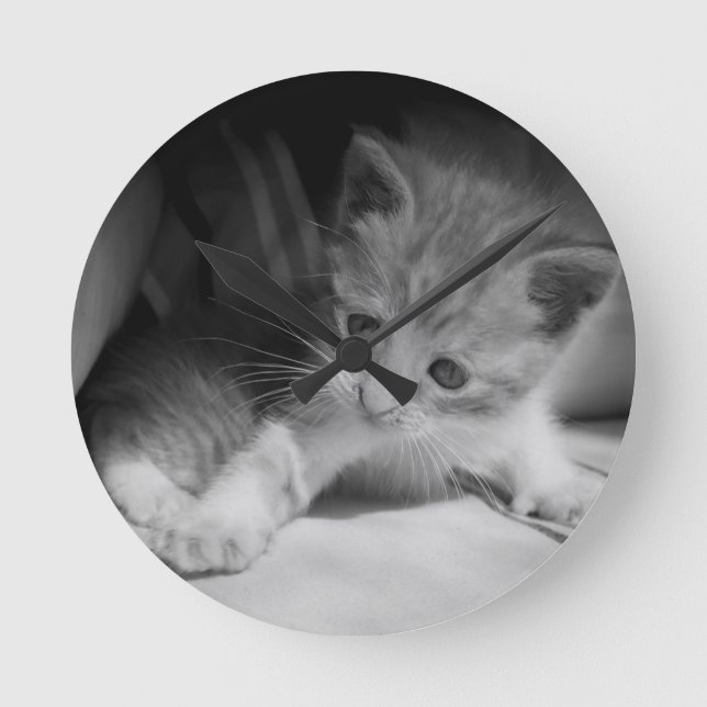 Horloge Ronde Photo de Kitten noir et blanc (Recto)