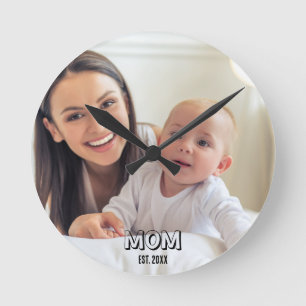 Horloge Ronde Photo de maman Minimal Typographie noire Année d'é